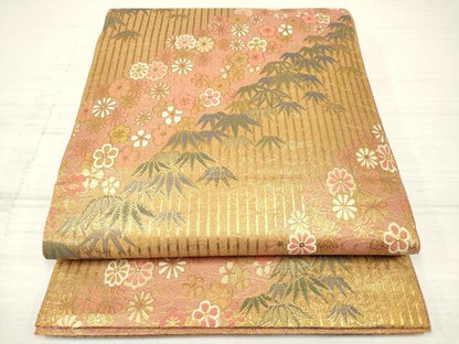 平和屋着物◎六通柄袋帯 笹竹梅花文 金糸 正絹 逸品 DAAZ5866ea