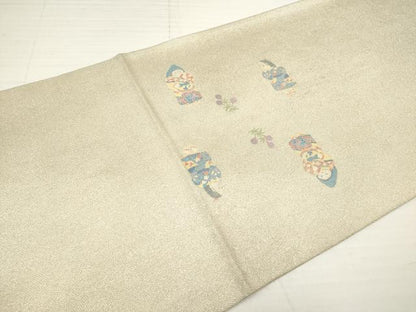平和屋着物◎太鼓柄袋帯 童子花文 金銀糸 正絹 逸品 DAAZ5910ea