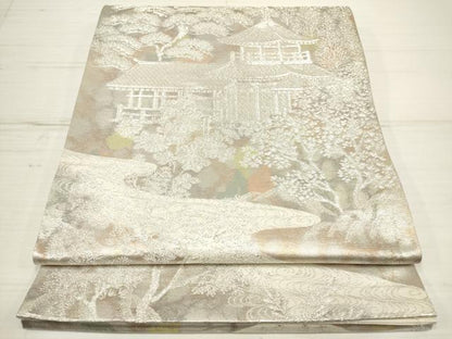 平和屋着物◎六通柄袋帯 古京錦 風景花松文 銀糸 二重引箔 正絹 逸品 DAAZ5917ea