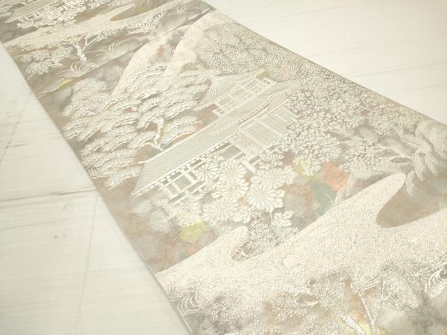 平和屋着物◎六通柄袋帯 古京錦 風景花松文 銀糸 二重引箔 正絹 逸品 DAAZ5917ea
