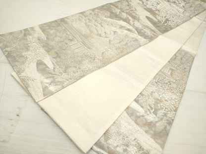 平和屋着物◎六通柄袋帯 古京錦 風景花松文 銀糸 二重引箔 正絹 逸品 DAAZ5917ea