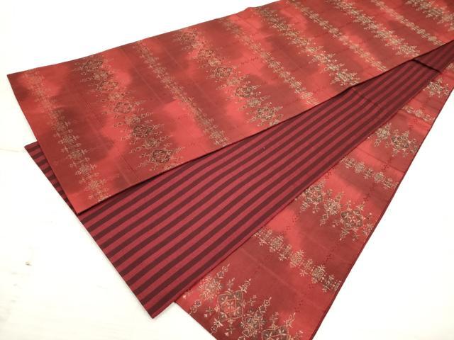 平和屋着物◎両面 全通柄袋帯 横段洋花文 金糸 正絹 逸品 DAAZ5921ea