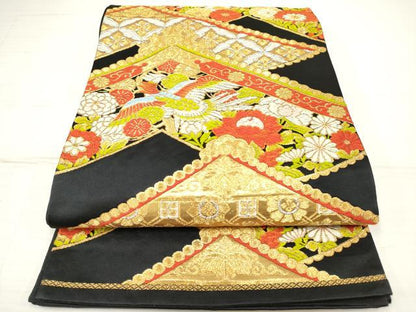 平和屋着物◎六通柄袋帯 唐織 鳳凰吉祥花文 黒地 金銀糸 正絹 逸品 DAAZ5949ea