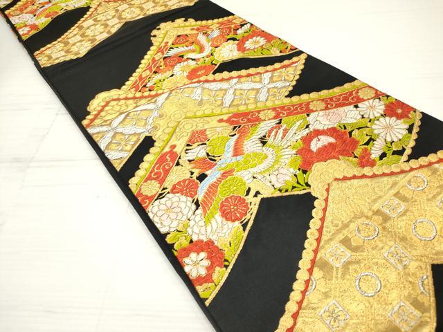 平和屋着物◎六通柄袋帯 唐織 鳳凰吉祥花文 黒地 金銀糸 正絹 逸品 DAAZ5949ea