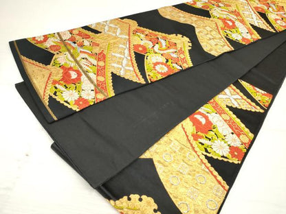 平和屋着物◎六通柄袋帯 唐織 鳳凰吉祥花文 黒地 金銀糸 正絹 逸品 DAAZ5949ea