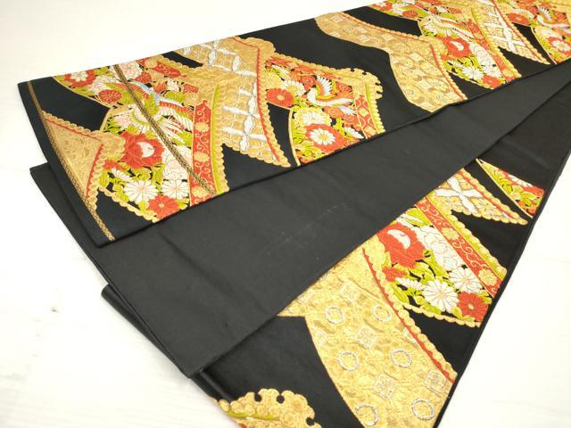 平和屋着物◎六通柄袋帯 唐織 鳳凰吉祥花文 黒地 金銀糸 正絹 逸品 DAAZ5949ea