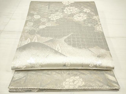 平和屋着物◎六通柄袋帯 渡橋風景花文 純銀入 正絹 逸品 DAAZ5956ea