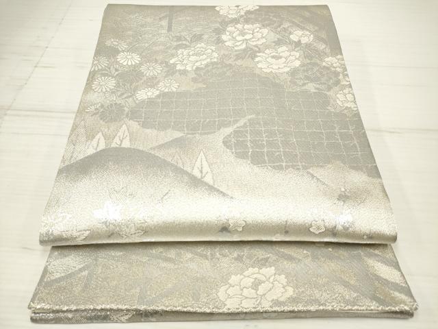 平和屋着物◎六通柄袋帯 渡橋風景花文 純銀入 正絹 逸品 DAAZ5956ea