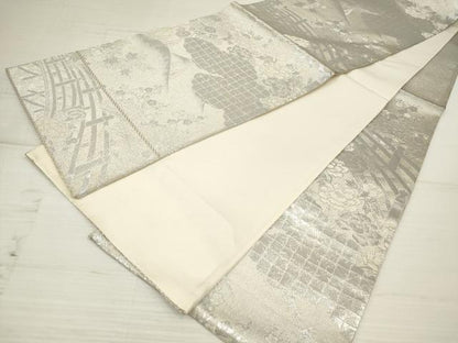 平和屋着物◎六通柄袋帯 渡橋風景花文 純銀入 正絹 逸品 DAAZ5956ea