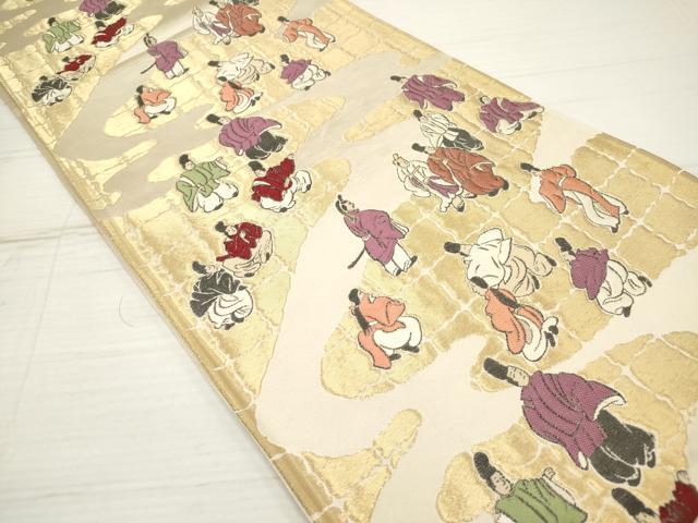 平和屋着物◎六通柄袋帯 流水人物文 金糸 正絹 逸品 DAAZ5970ea