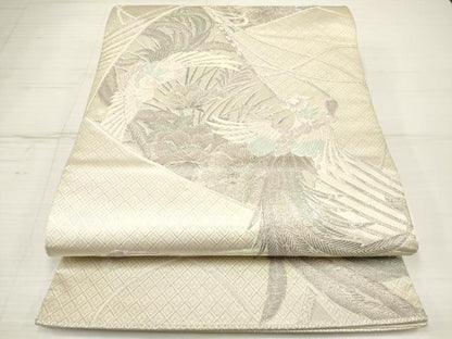 平和屋着物◎六通柄袋帯　唐織　扇面鳳凰花文　銀糸　正絹　逸品　DAAZ5971ea