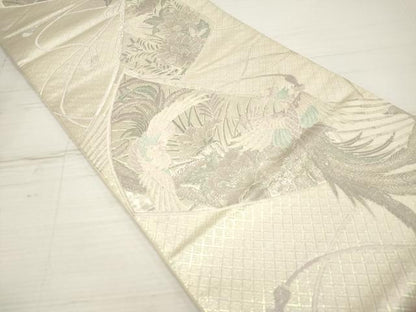 平和屋着物◎六通柄袋帯　唐織　扇面鳳凰花文　銀糸　正絹　逸品　DAAZ5971ea