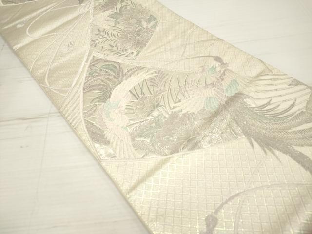 平和屋着物◎六通柄袋帯　唐織　扇面鳳凰花文　銀糸　正絹　逸品　DAAZ5971ea