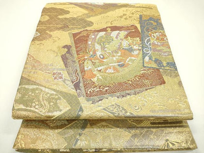 平和屋着物▼両面　六通柄袋帯　唐織　色紙重ね宝舟花文　金糸　正絹　逸品　DAAZ6072fe