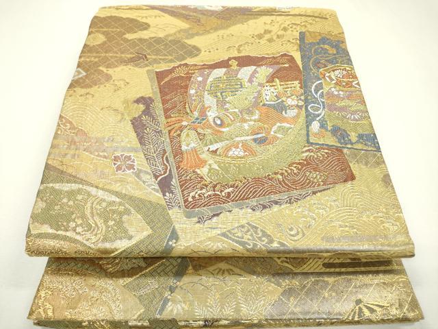 平和屋着物▼両面　六通柄袋帯　唐織　色紙重ね宝舟花文　金糸　正絹　逸品　DAAZ6072fe