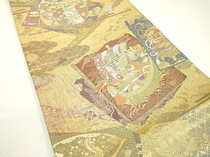 平和屋着物▼両面　六通柄袋帯　唐織　色紙重ね宝舟花文　金糸　正絹　逸品　DAAZ6072fe