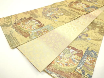 平和屋着物▼両面　六通柄袋帯　唐織　色紙重ね宝舟花文　金糸　正絹　逸品　DAAZ6072fe