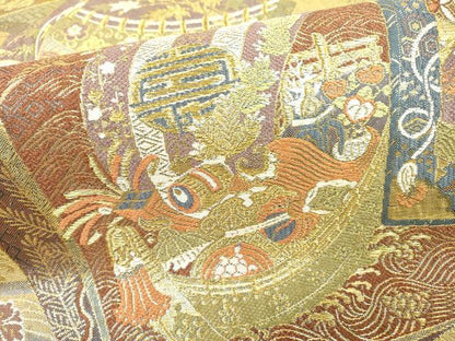 平和屋着物▼両面　六通柄袋帯　唐織　色紙重ね宝舟花文　金糸　正絹　逸品　DAAZ6072fe