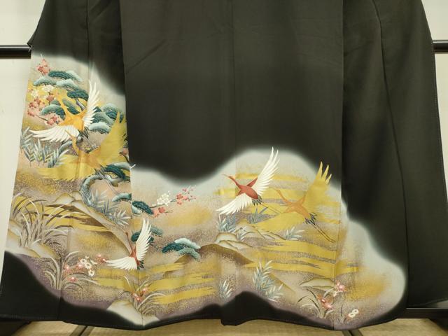 平和屋着物■豪華黒留袖　駒刺繍　飛鶴枝花松文　暈し染め　金彩　正絹　逸品　DAAZ6230fe
