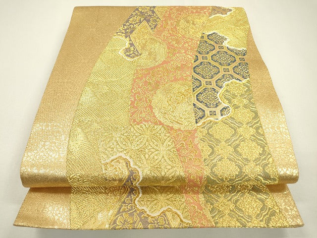 平和屋着物▼六通柄袋帯　短冊吉祥花唐草文　金糸　正絹　逸品　DAAZ6288fe