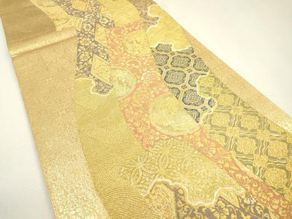 平和屋着物▼六通柄袋帯　短冊吉祥花唐草文　金糸　正絹　逸品　DAAZ6288fe
