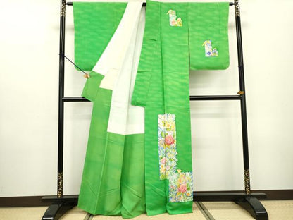 平和屋着物▼訪問着　手描き　短冊花文　暈し染め　正絹　逸品　DAAZ6353fe