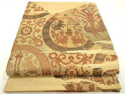 平和屋着物▼太鼓柄袋帯　動物絵皿文　金糸　正絹　逸品　DAAZ6426fe