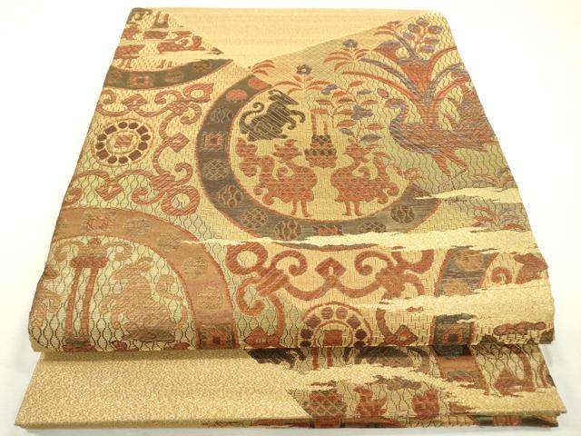 平和屋着物▼太鼓柄袋帯　動物絵皿文　金糸　正絹　逸品　DAAZ6426fe