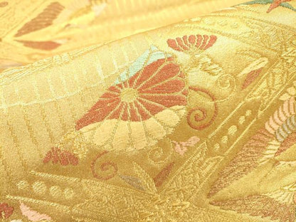 平和屋着物▼六通柄袋帯　双鶴菱鳳凰花唐草文　金糸　正絹　逸品　DAAZ6497fe