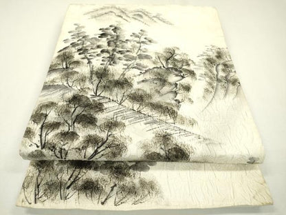 平和屋着物▼六通柄袋帯　ふくれ織　手描き　風景文　正絹　逸品　DAAZ6501fe