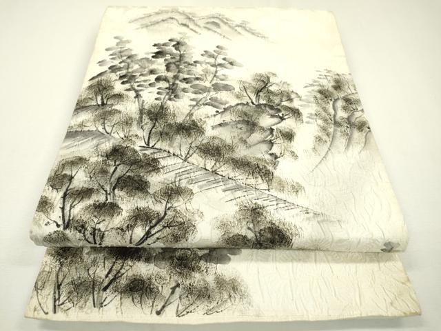 平和屋着物▼六通柄袋帯　ふくれ織　手描き　風景文　正絹　逸品　DAAZ6501fe