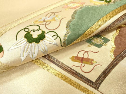 平和屋着物▼太鼓柄袋帯 駒刺繍 総刺繍 宝尽くし 金糸 引箔 正絹 逸品 DAAZ6601fe
