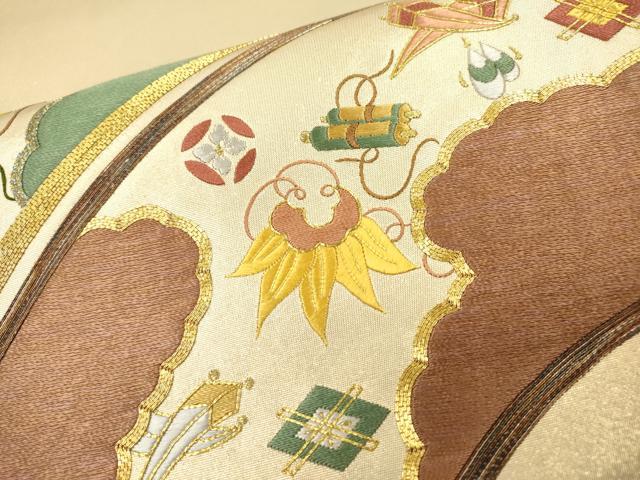 平和屋着物▼太鼓柄袋帯 駒刺繍 総刺繍 宝尽くし 金糸 引箔 正絹 逸品 DAAZ6601fe