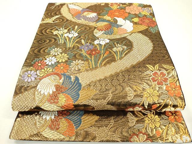 平和屋着物▼六通柄袋帯　唐織　鴛鴦花文　金糸　正絹　逸品　DAAZ6611fe