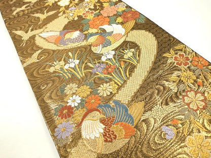 平和屋着物▼六通柄袋帯　唐織　鴛鴦花文　金糸　正絹　逸品　DAAZ6611fe