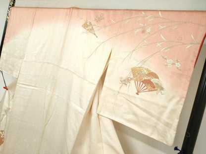 平和屋着物●訪問着　刺繍　扇面草花文　暈し染め　金彩　正絹　逸品　DAAZ7015ud