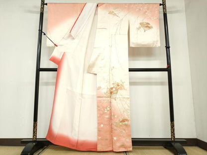 平和屋着物●訪問着　刺繍　扇面草花文　暈し染め　金彩　正絹　逸品　DAAZ7015ud