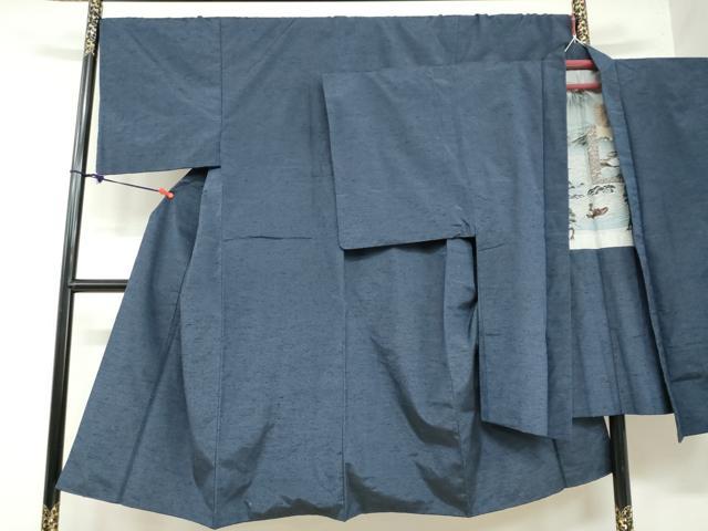 平和屋着物●男性 紬 アンサンブル 長羽織 鉄紺色 正絹 逸品 DAAZ7142ud