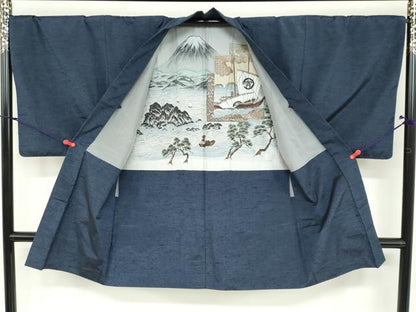 平和屋着物●男性 紬 アンサンブル 長羽織 鉄紺色 正絹 逸品 DAAZ7142ud