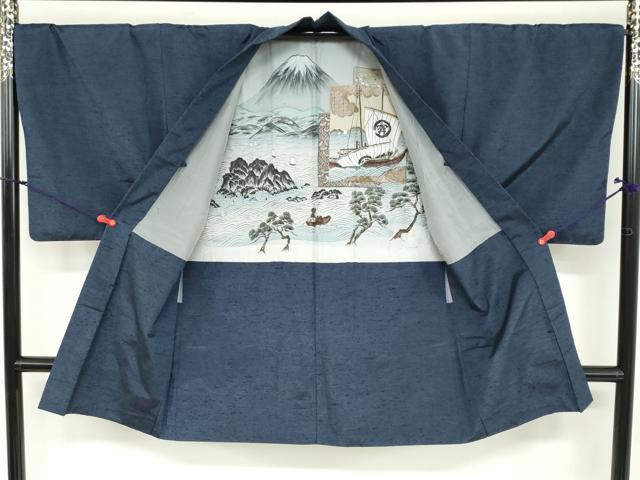 平和屋着物●男性 紬 アンサンブル 長羽織 鉄紺色 正絹 逸品 DAAZ7142ud