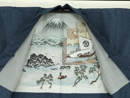 平和屋着物●男性 紬 アンサンブル 長羽織 鉄紺色 正絹 逸品 DAAZ7142ud