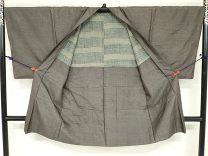 平和屋着物●男性　紬　アンサンブル　長羽織　80亀甲　変わり格子文　正絹　逸品　DAAZ7176ud