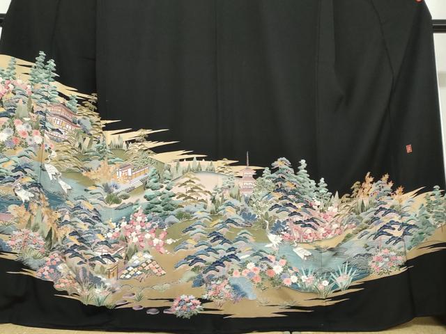 平和屋着物●豪華黒留袖　友禅　作家物　風景群鶴草花文　正絹　逸品　DAAZ7205ud