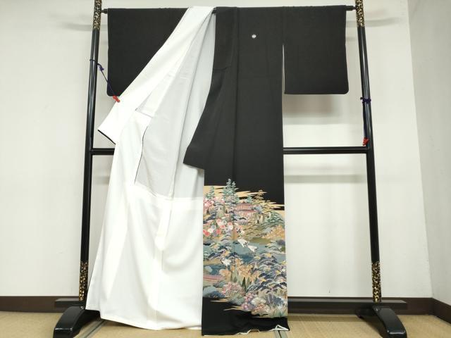 平和屋着物●豪華黒留袖　友禅　作家物　風景群鶴草花文　正絹　逸品　DAAZ7205ud