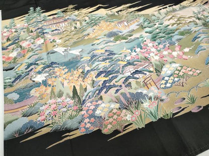 平和屋着物●豪華黒留袖　友禅　作家物　風景群鶴草花文　正絹　逸品　DAAZ7205ud