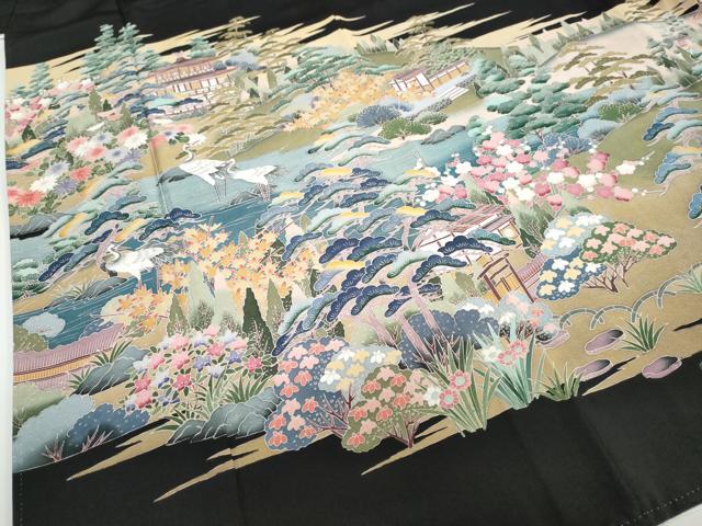 平和屋着物●豪華黒留袖　友禅　作家物　風景群鶴草花文　正絹　逸品　DAAZ7205ud