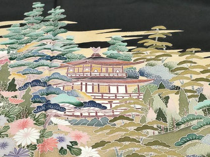 平和屋着物●豪華黒留袖　友禅　作家物　風景群鶴草花文　正絹　逸品　DAAZ7205ud