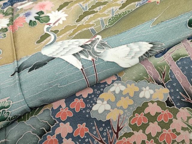 平和屋着物●豪華黒留袖　友禅　作家物　風景群鶴草花文　正絹　逸品　DAAZ7205ud