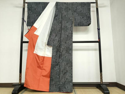 平和屋着物●本場大島紬 7マルキ 切嵌更紗花唐草文 正絹 逸品 DAAZ7206ud