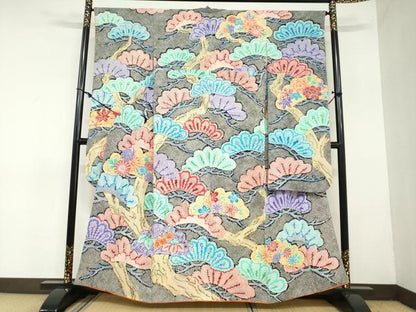 平和屋着物●豪華振袖　鹿の子草花松文　黒地　正絹　逸品　DAAZ7257ud